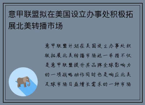 意甲联盟拟在美国设立办事处积极拓展北美转播市场