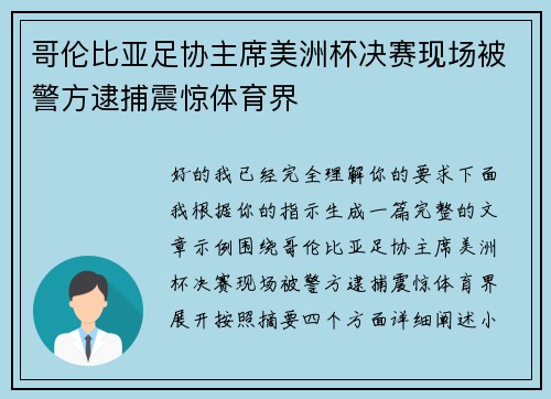 哥伦比亚足协主席美洲杯决赛现场被警方逮捕震惊体育界