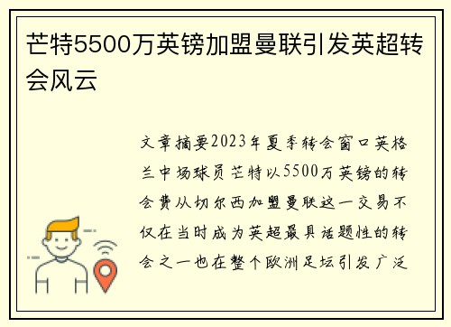 芒特5500万英镑加盟曼联引发英超转会风云 芒特5500万英镑加盟曼联引发英超转会风云
